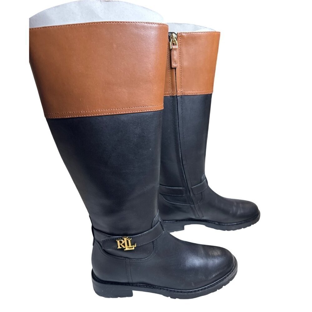 Ralph Lauren Justine Riding Boots Black Cognac Leather 7B NWT MSRP $275